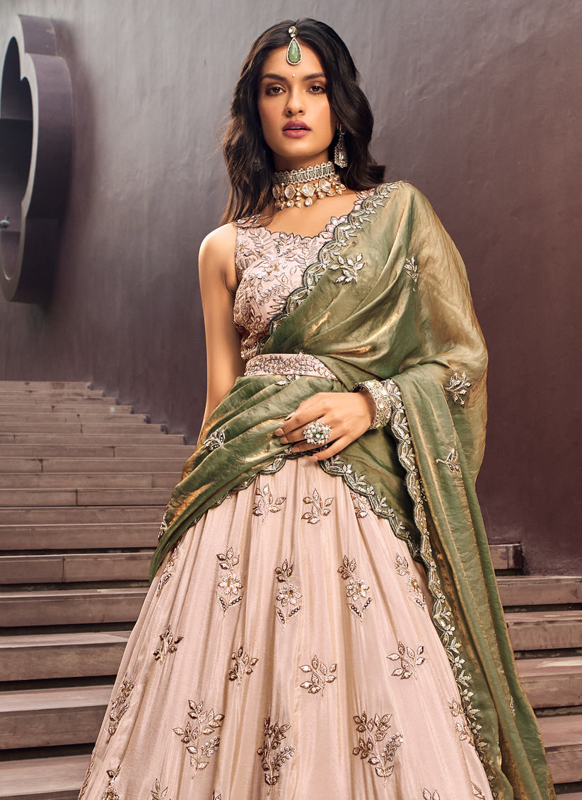 Beige Viscose Rayon Handwork Designer Lehenga Choli Set