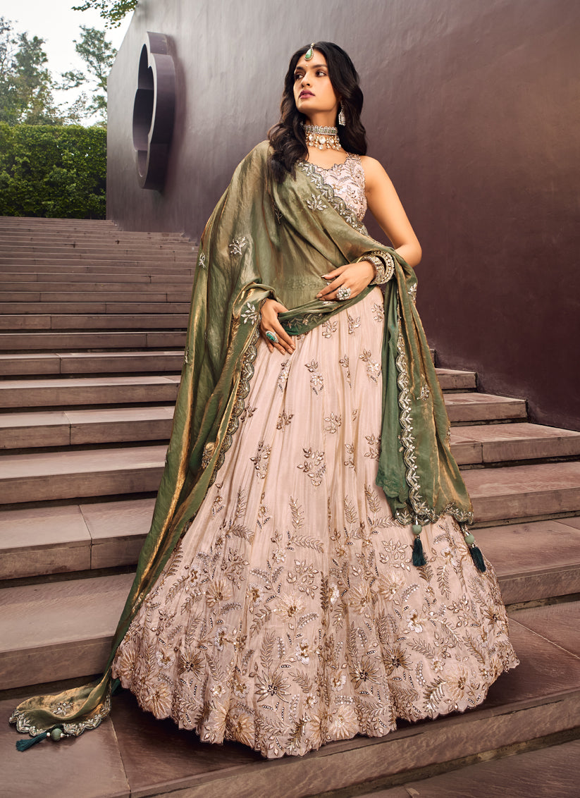 Beige Viscose Rayon Handwork Designer Lehenga Choli Set