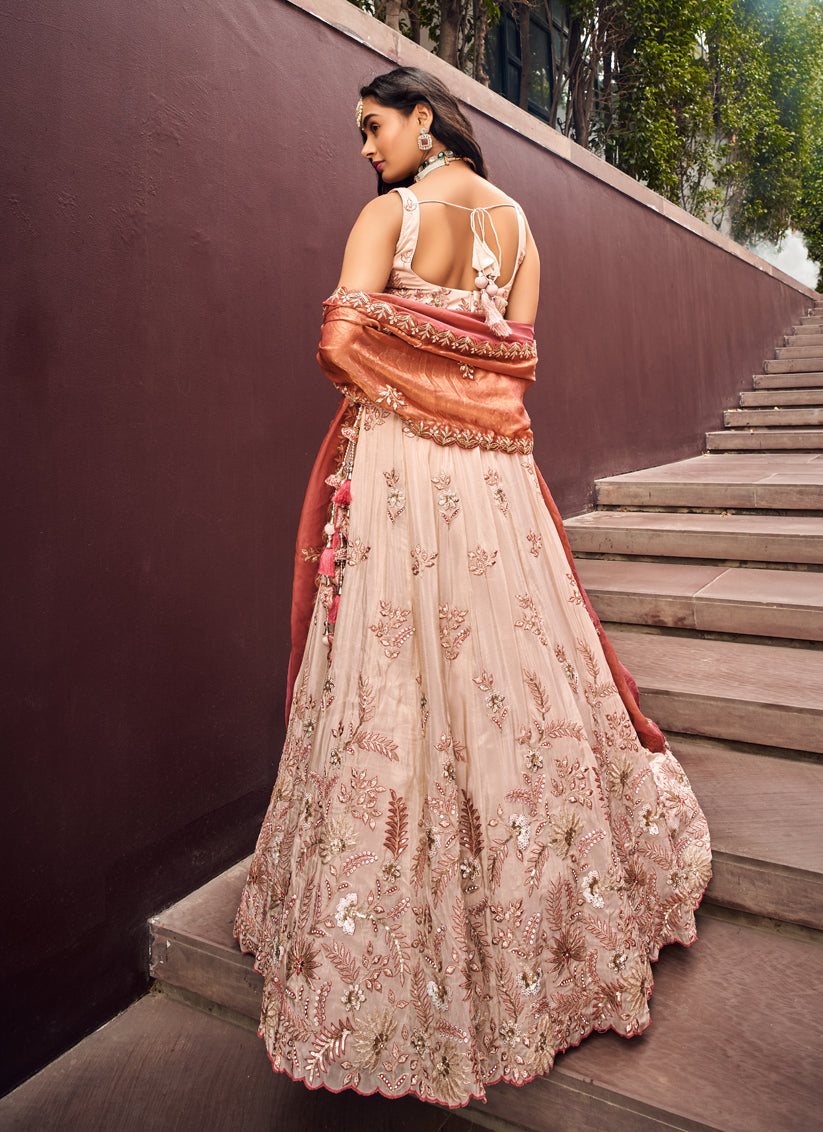 Rose Gold Viscose Rayon Handwork Designer Lehenga Choli Set