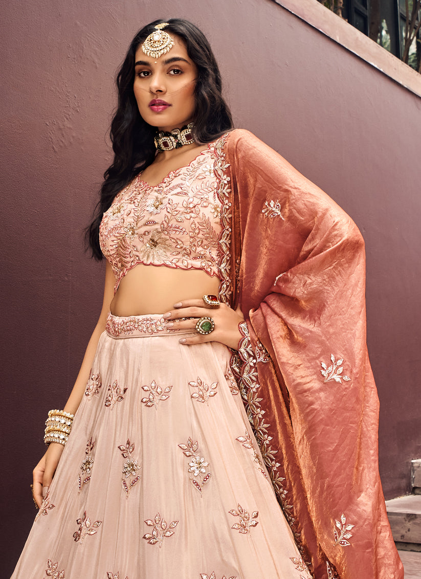 Rose Gold Viscose Rayon Handwork Designer Lehenga Choli Set