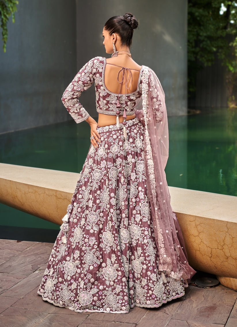 Rose Taupe Satin Embroidered Designer Lehenga Choli Set