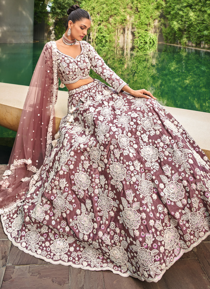 Rose Taupe Satin Embroidered Designer Lehenga Choli Set