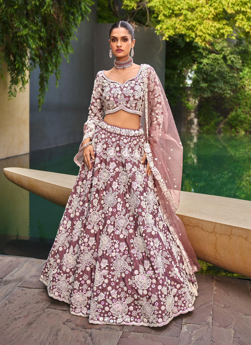 Rose Taupe Satin Embroidered Designer Lehenga Choli Set