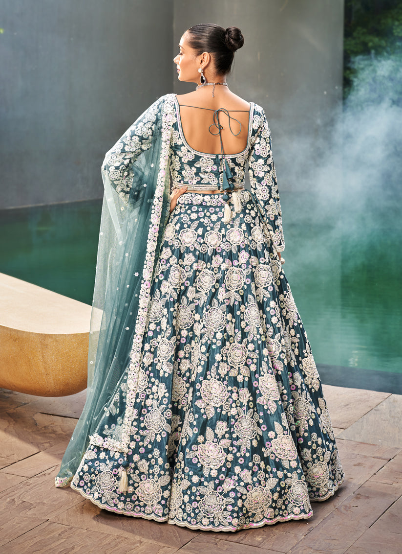 Teal Blue Satin Embroidered Designer Lehenga Choli Set