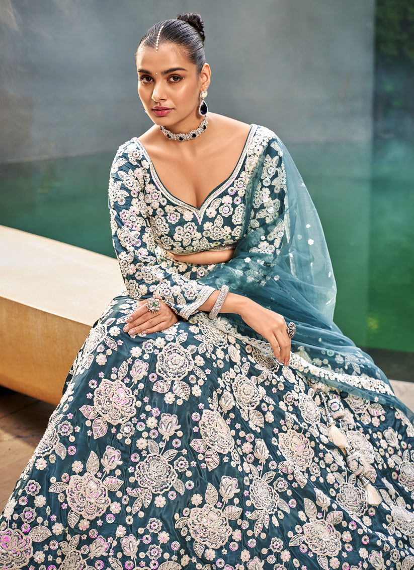 Teal Blue Satin Embroidered Designer Lehenga Choli Set