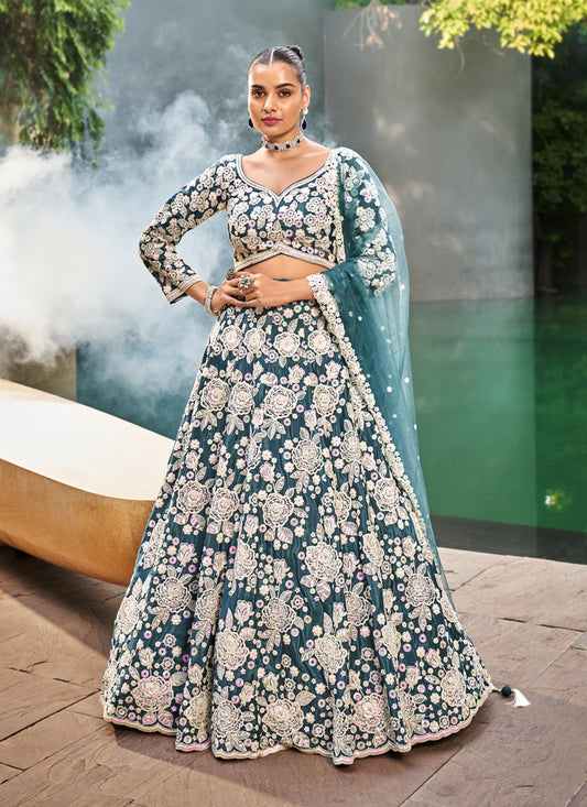 Teal Blue Satin Embroidered Designer Lehenga Choli Set