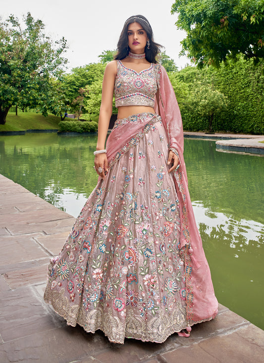 Mauve Organza Embroidered Designer Lehenga Choli Set