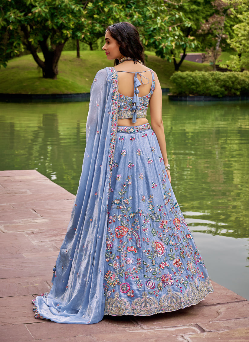 Cornflower Blue Organza Embroidered Designer Lehenga Choli Set