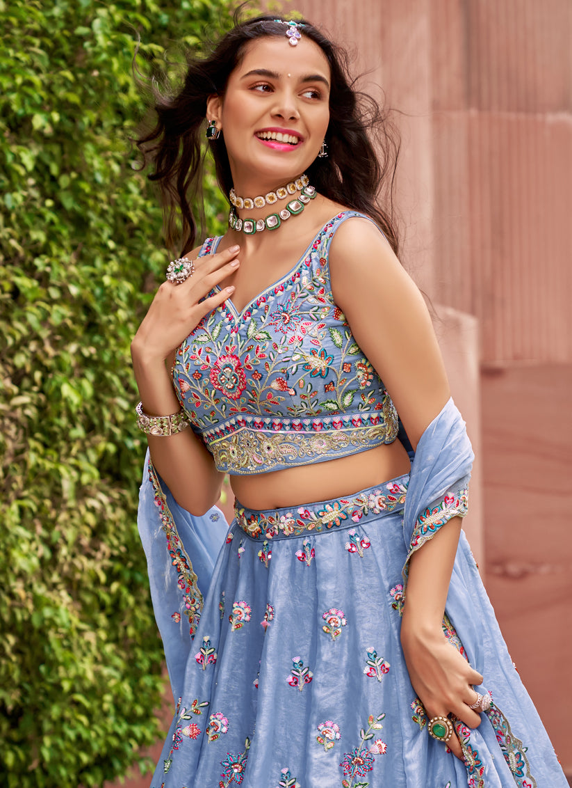 Cornflower Blue Organza Embroidered Designer Lehenga Choli Set