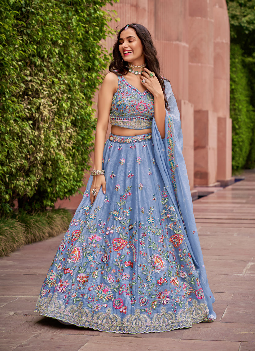 Cornflower Blue Organza Embroidered Designer Lehenga Choli Set