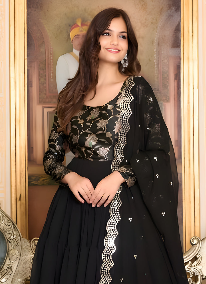 Black Faux Georgette Flared Gown with Dupatta