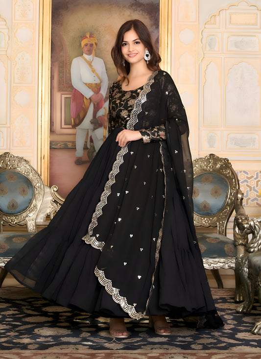 Black Faux Georgette Flared Gown with Dupatta