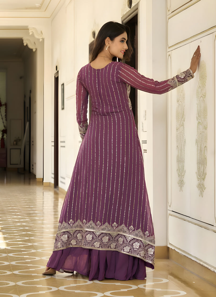 Plum Faux Georgette Embroidered Lehenga with Shrug