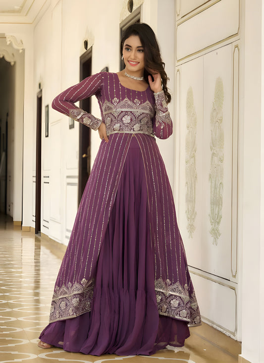 Plum Faux Georgette Embroidered Lehenga with Shrug