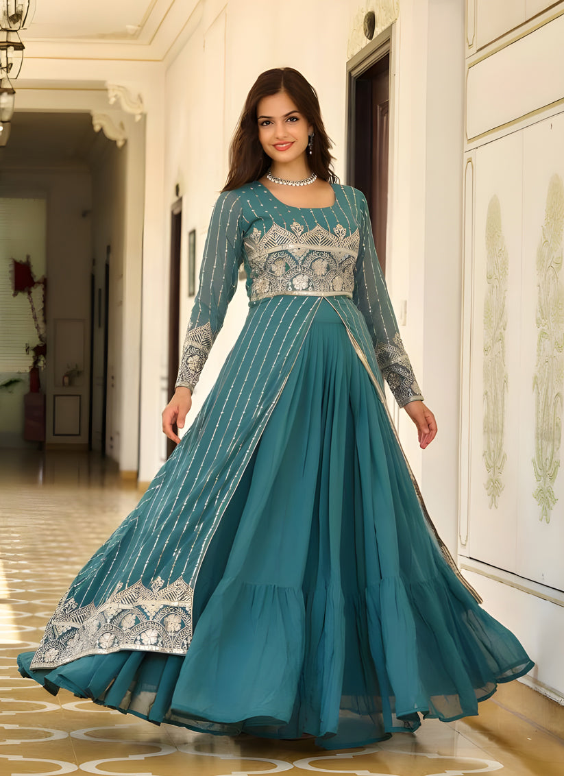 Teal Blue Faux Georgette Embroidered Lehenga with Shrug