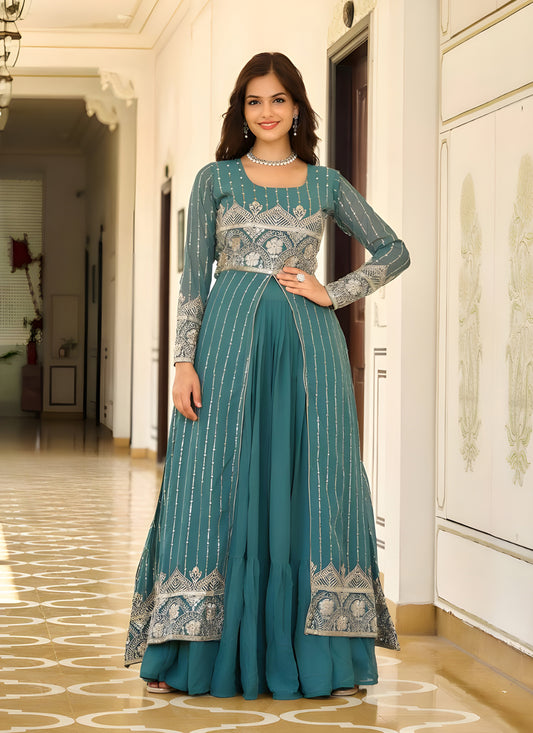 Teal Blue Faux Georgette Embroidered Lehenga with Shrug