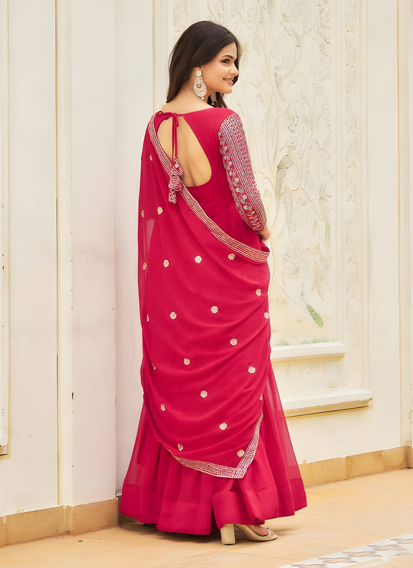 Rani Pink Faux Georgette Embroidered Gown with Dupatta