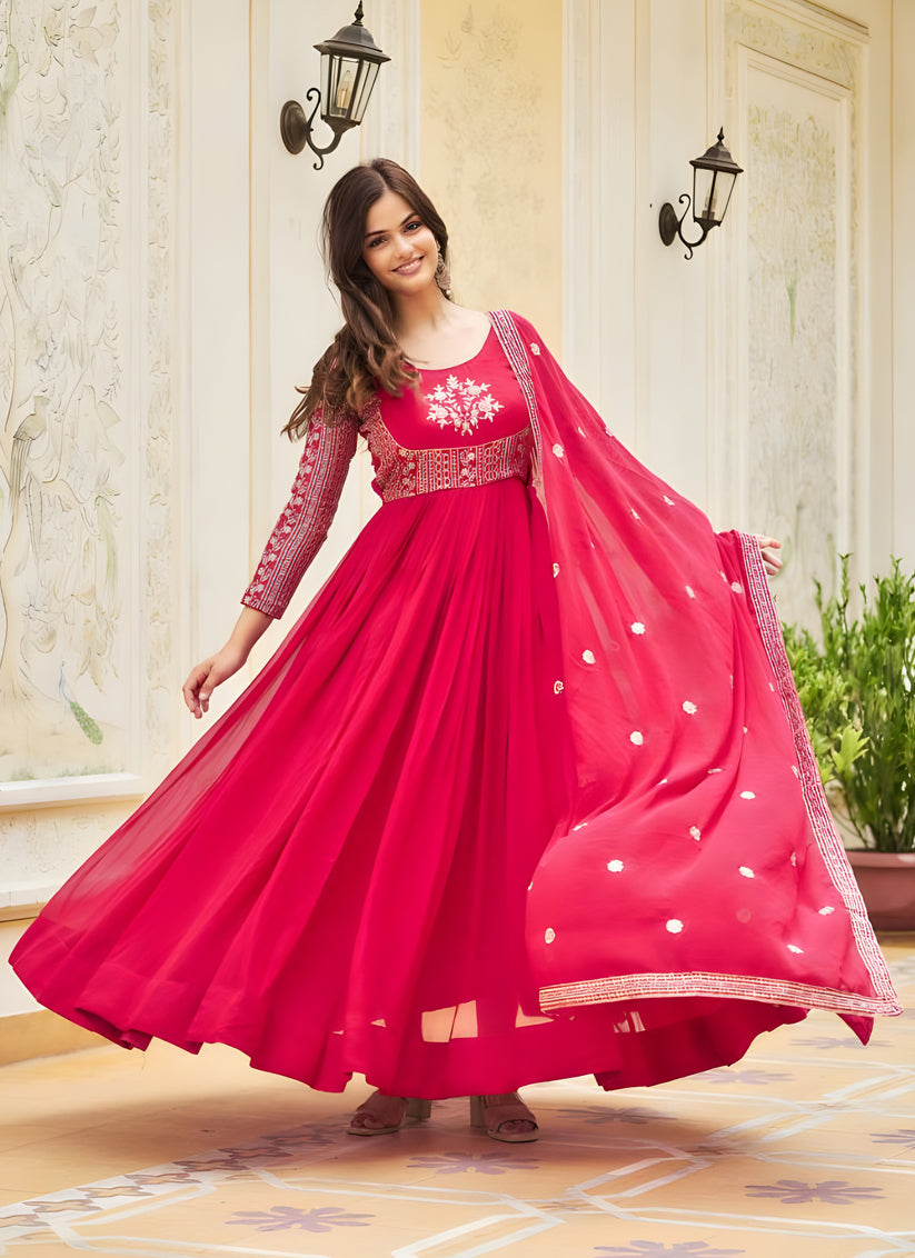 Rani Pink Faux Georgette Embroidered Gown with Dupatta