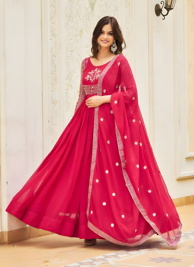 Rani Pink Faux Georgette Embroidered Gown with Dupatta