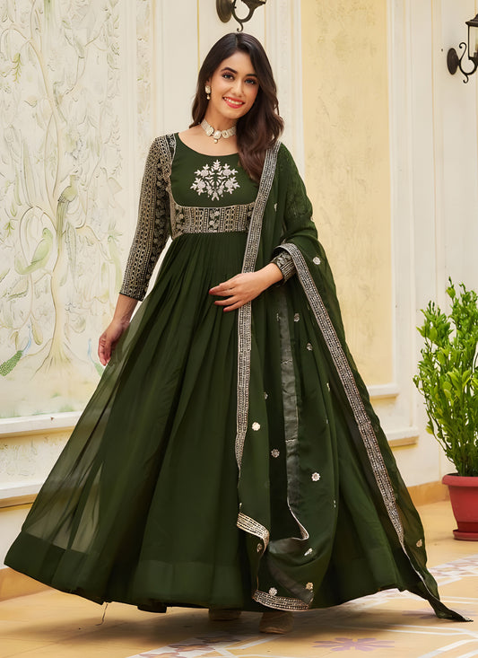 Mehendi Green Faux Georgette Embroidered Gown with Dupatta