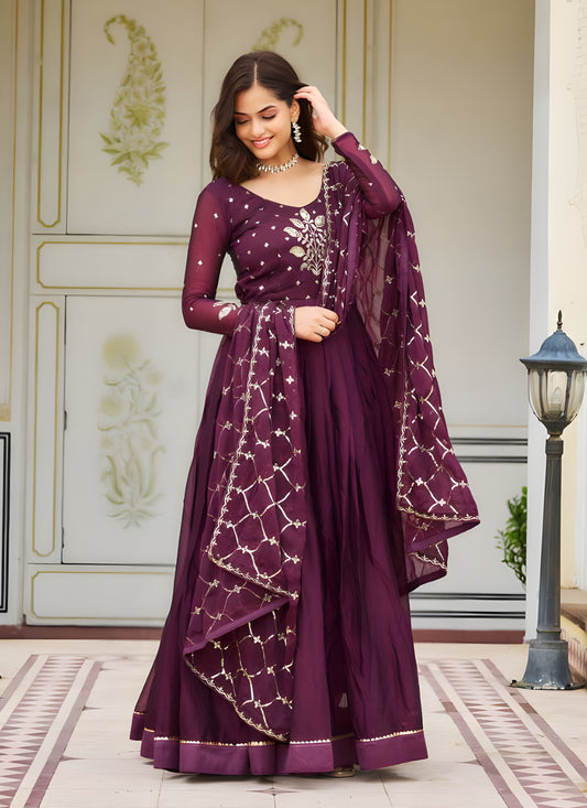 Wine Embroidered Gown with Dupatta for Festival