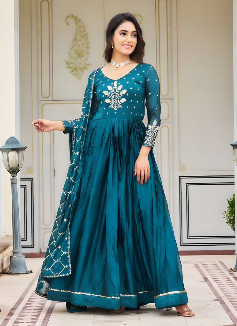 Peacock Blue Embroidered Gown with Dupatta for Festival