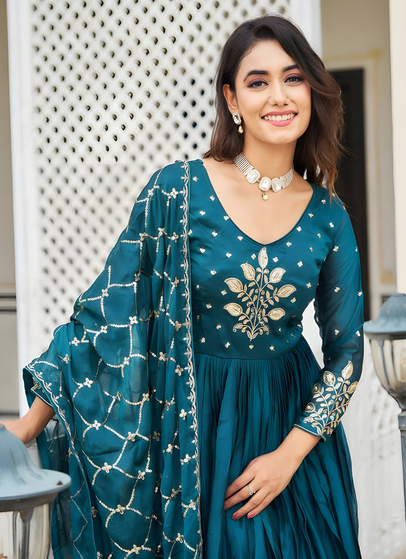 Peacock Blue Embroidered Gown with Dupatta for Festival