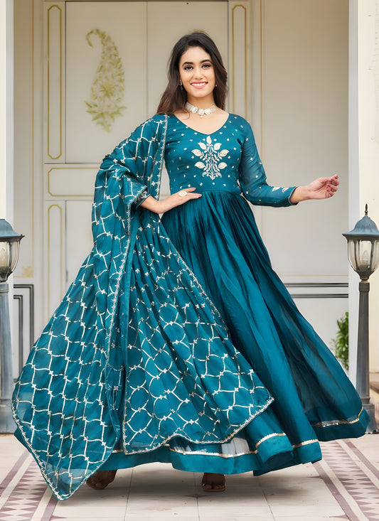 Peacock Blue Embroidered Gown with Dupatta for Festival