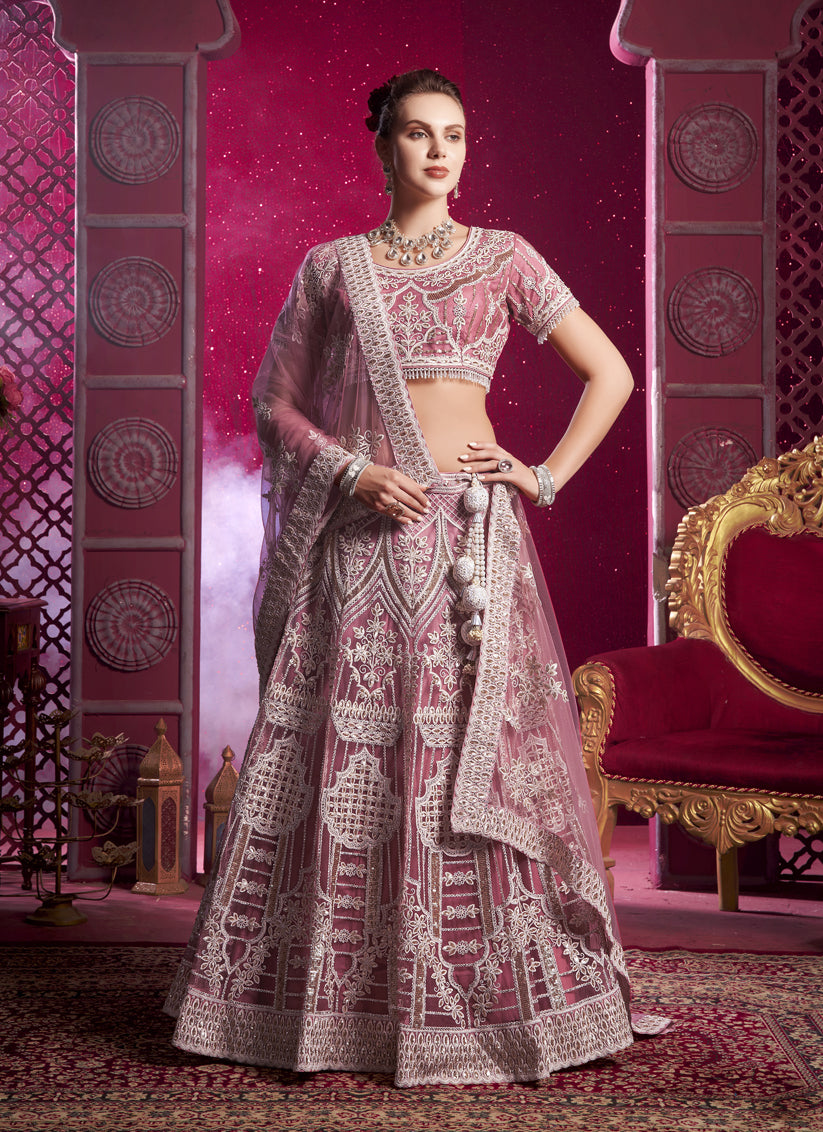 Carnation Pink Net Embroidered Designer Lehenga Choli Set