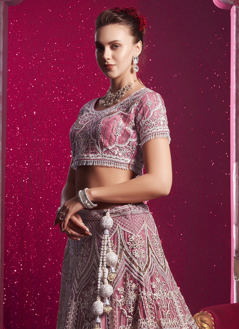 Carnation Pink Net Embroidered Designer Lehenga Choli Set