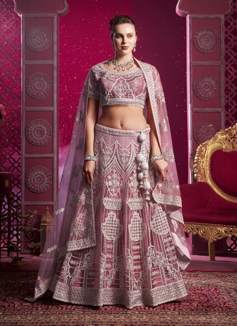 Carnation Pink Net Embroidered Designer Lehenga Choli Set