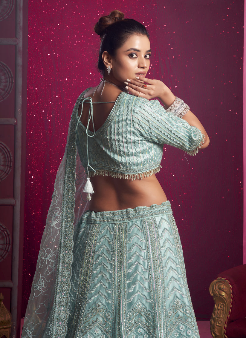 Ice Blue Net Embroidered Designer Lehenga Choli Set