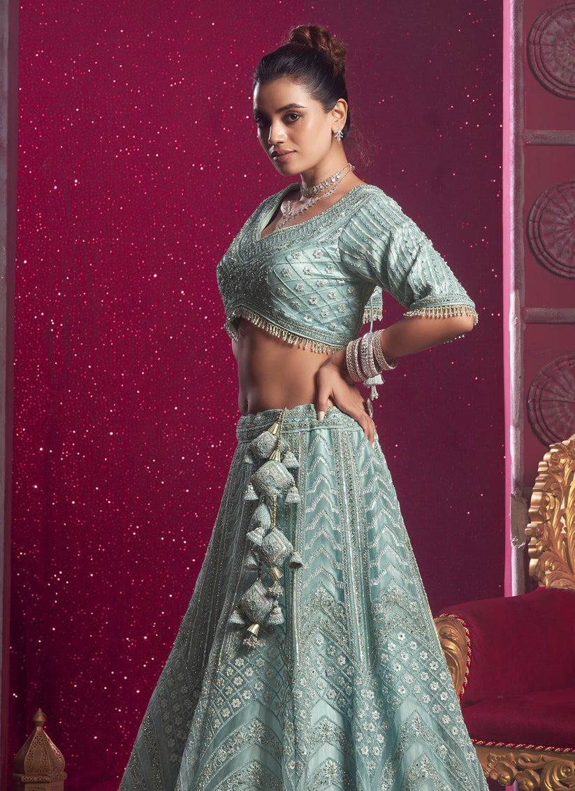 Ice Blue Net Embroidered Designer Lehenga Choli Set