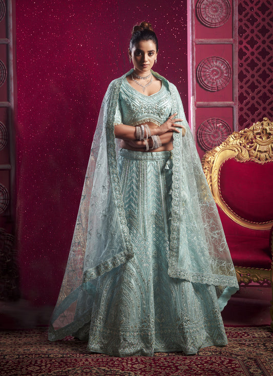 Ice Blue Net Embroidered Designer Lehenga Choli Set