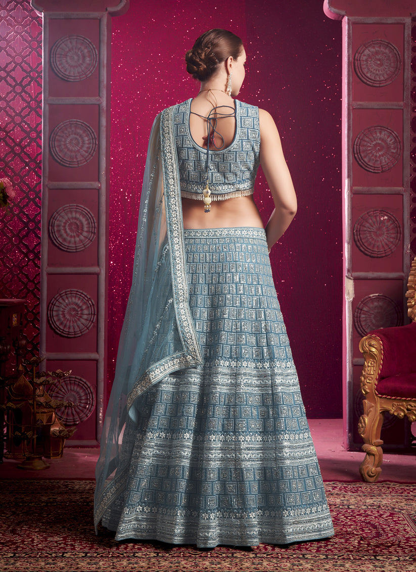 Sky Blue Net Embroidered Designer Lehenga Choli Set