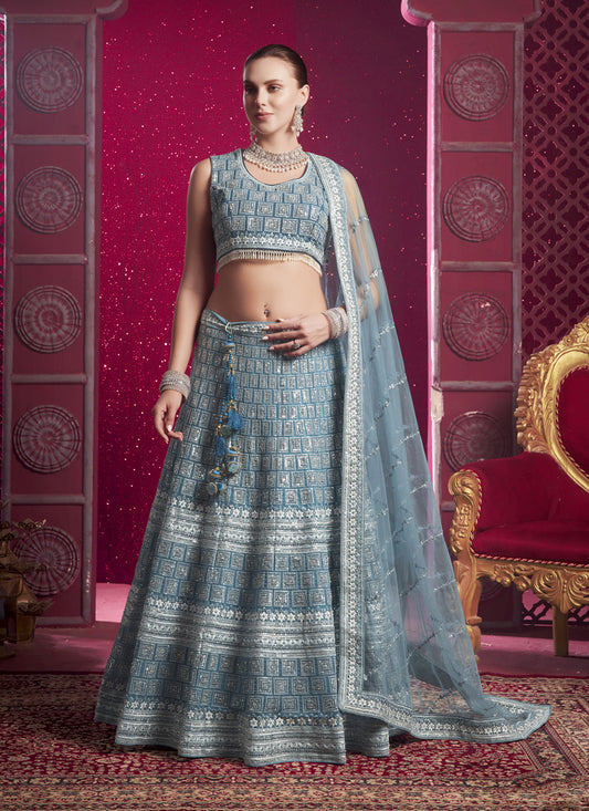 Sky Blue Net Embroidered Designer Lehenga Choli Set