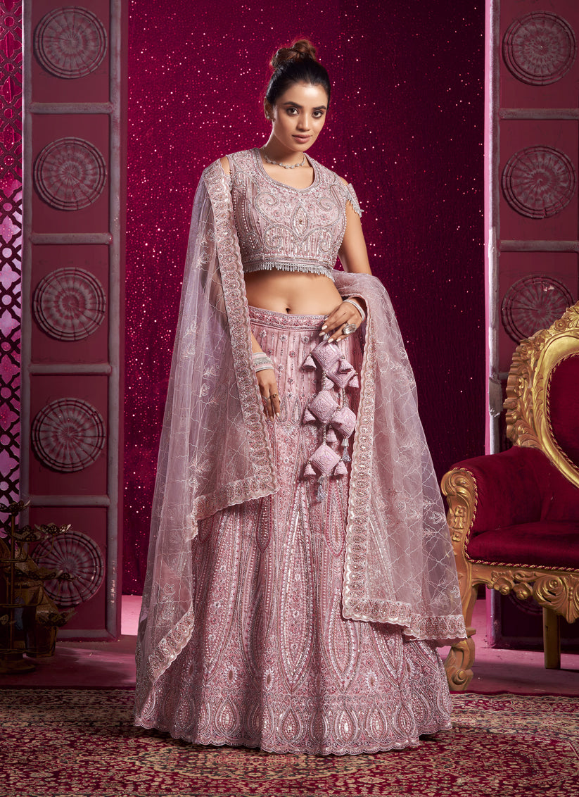 Rose Pink Net Embroidered Designer Lehenga Choli Set