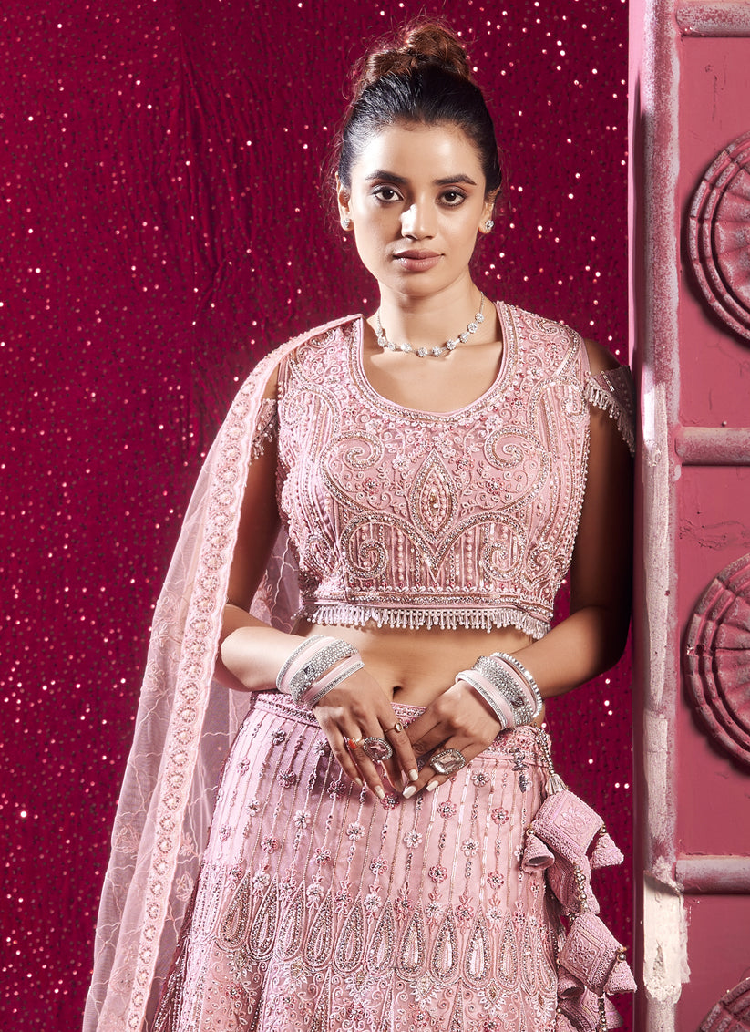 Rose Pink Net Embroidered Designer Lehenga Choli Set