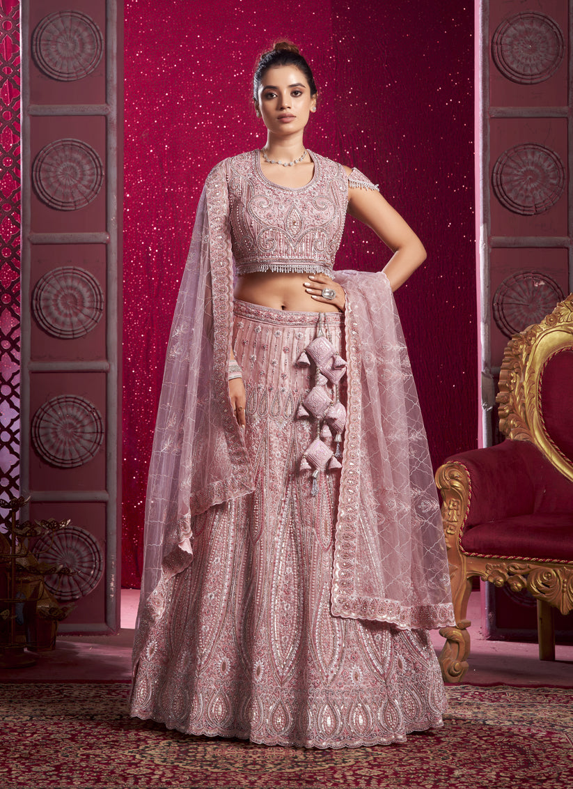 Rose Pink Net Embroidered Designer Lehenga Choli Set