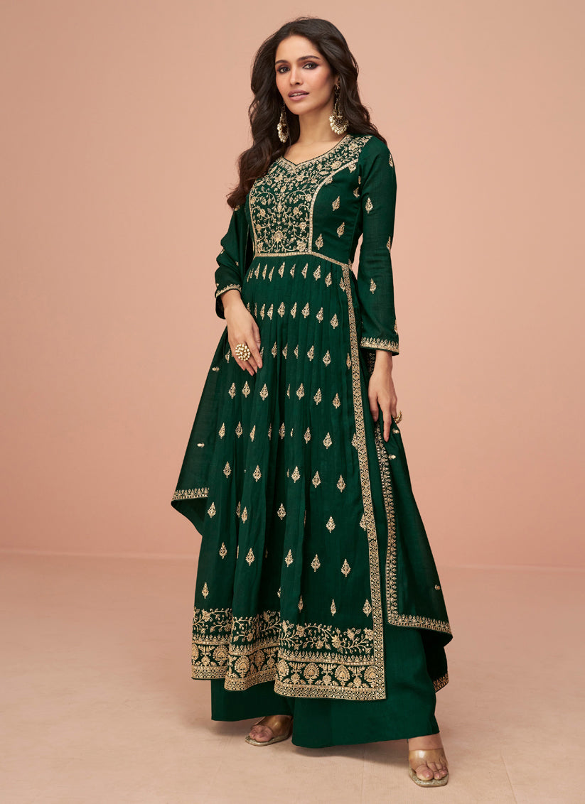 Bottle Green Silk Embroidered Naira Cut Palazzo Suit