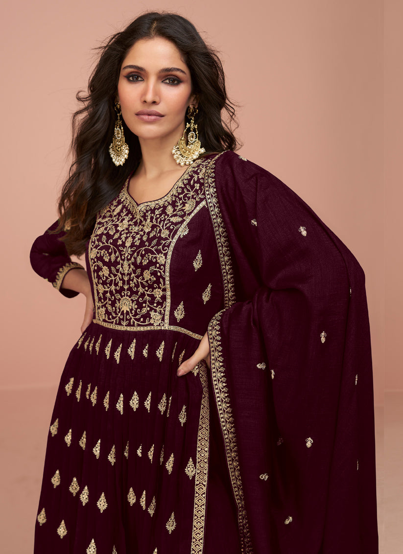 Maroon Silk Embroidered Naira Cut Palazzo Suit