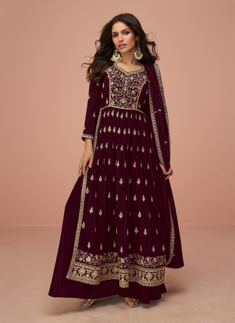 Maroon Silk Embroidered Naira Cut Palazzo Suit