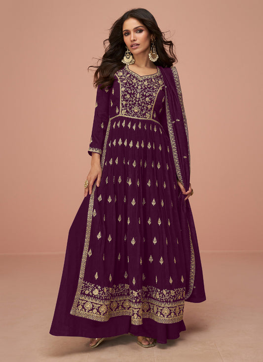 Wine Silk Embroidered Naira Cut Palazzo Suit