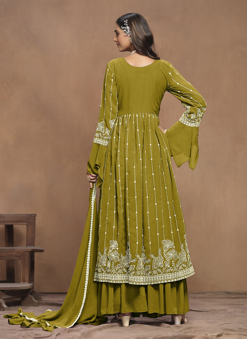 Olive Green Faux Georgette Embroidered Palazzo Kameez Suit