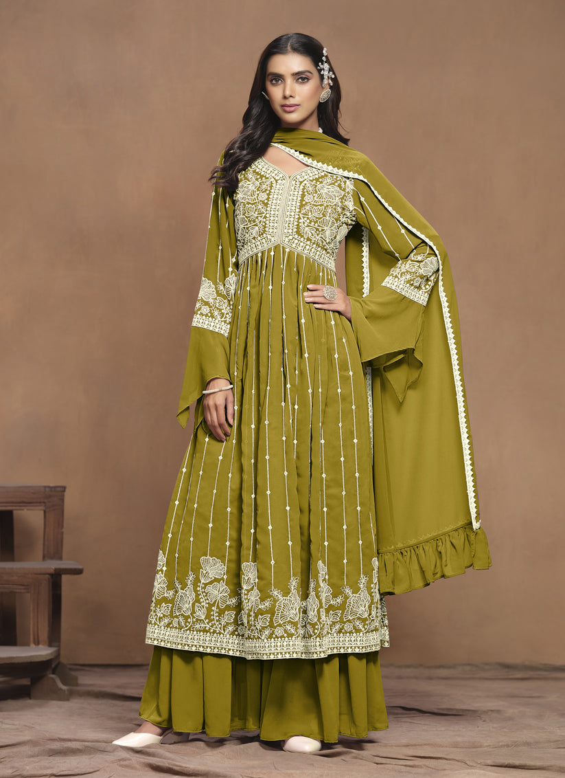 Olive Green Faux Georgette Embroidered Palazzo Kameez Suit