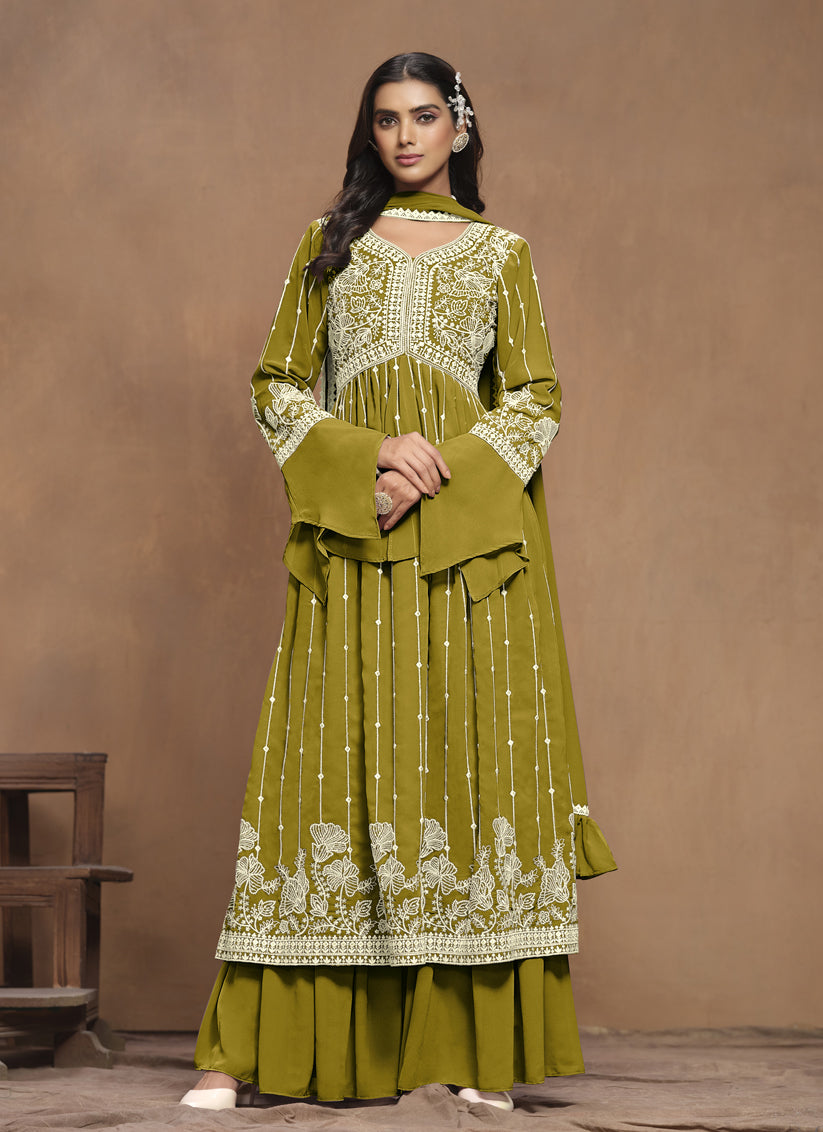 Olive Green Faux Georgette Embroidered Palazzo Kameez Suit