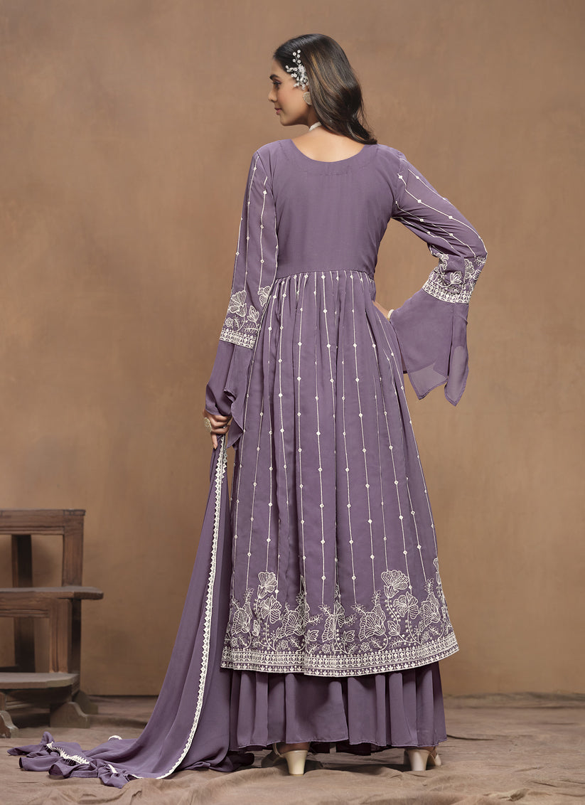 Mauve Purple Faux Georgette Embroidered Palazzo Kameez Suit