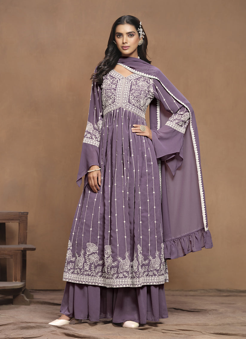 Mauve Purple Faux Georgette Embroidered Palazzo Kameez Suit