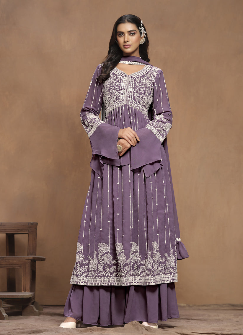 Mauve Purple Faux Georgette Embroidered Palazzo Kameez Suit