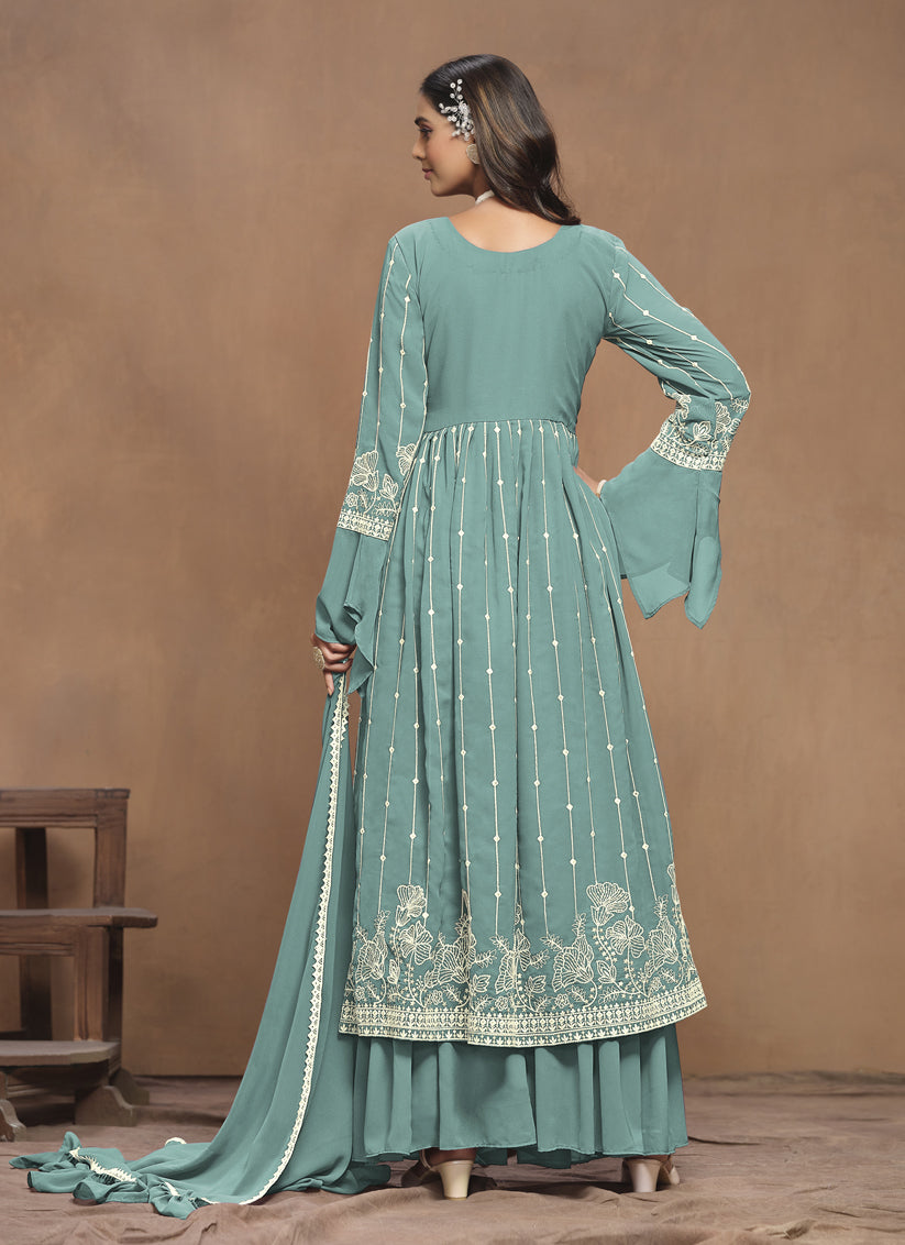 Teal Mint Faux Georgette Embroidered Palazzo Kameez Suit